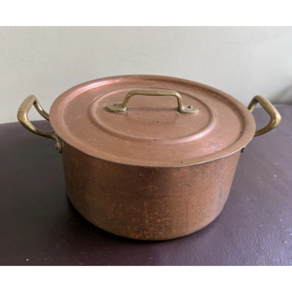 Vintage Copper Pot With Lid Brass Handles Patina Cottagecore French Country farm